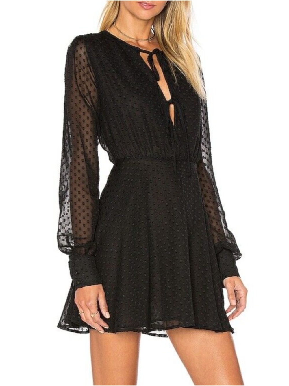 Privacy Please Black Swiss Dot Tie-Front Long Sleeve Mini Dress